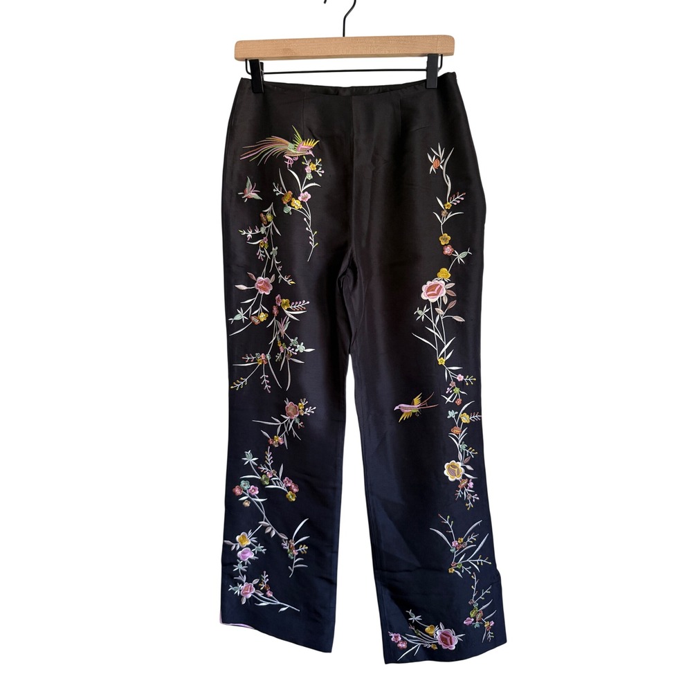 Vintage Boston Proper 100% Silk Embroidered Floral Bird Pants Black Size 6